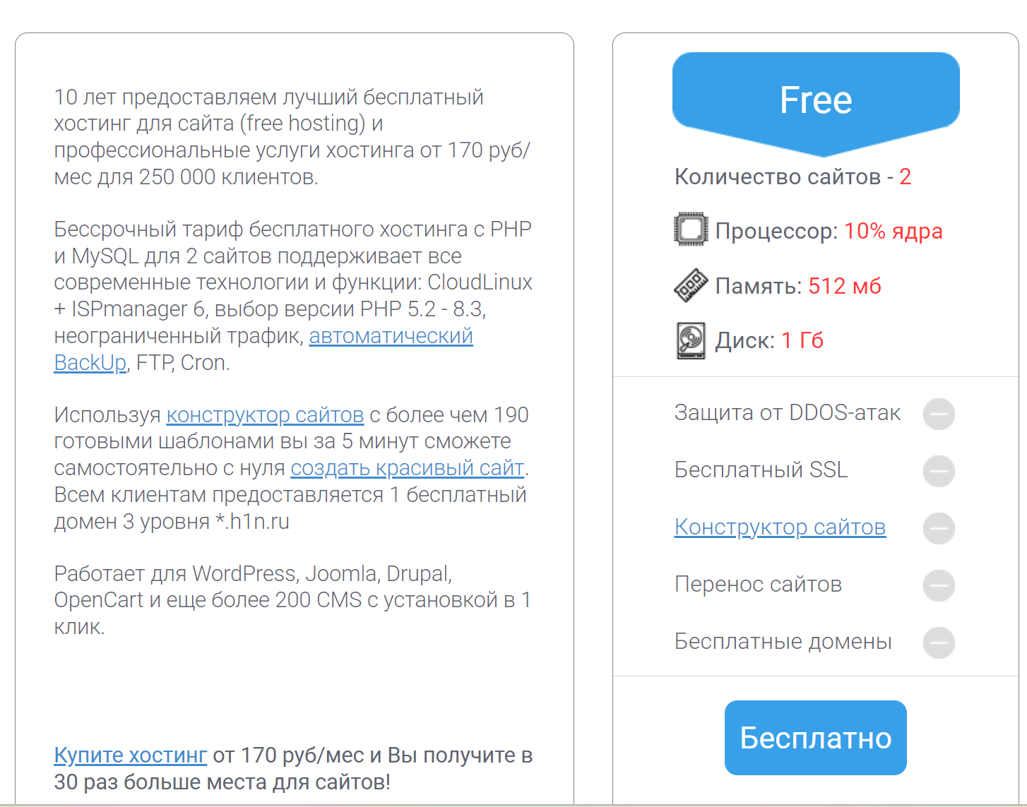 Скриншот сайта Hostiman с условиями бесплатного тарифа