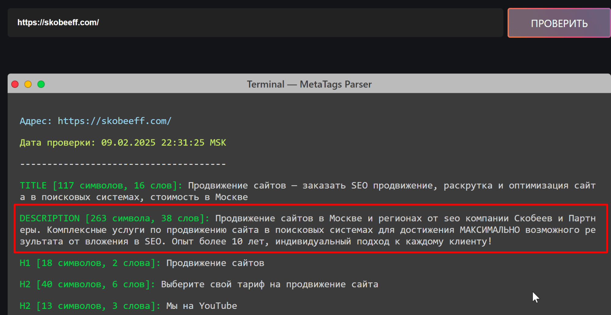 Проверка description через page-speed.ru