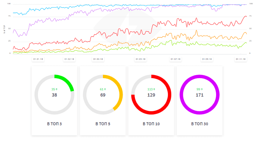 Количество запросов в топ по продвигаемому ядру по итогу года продвижения в ПС Яндекс