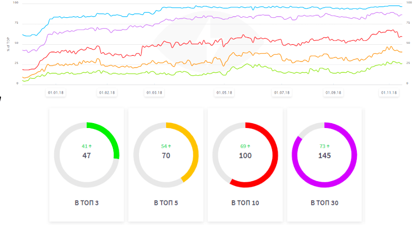 Количество запросов в топ по продвигаемому ядру по итогу года продвижения в ПС Google