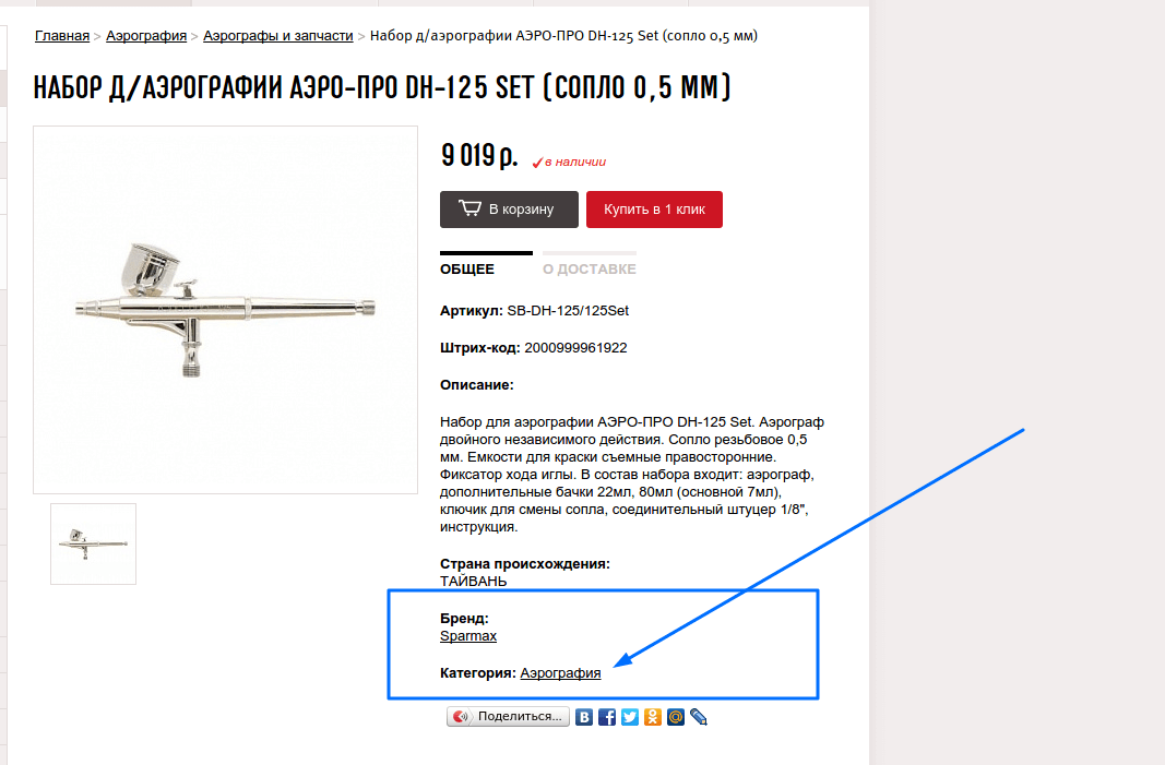 Карточка товара со ссылками на бренд и категорию