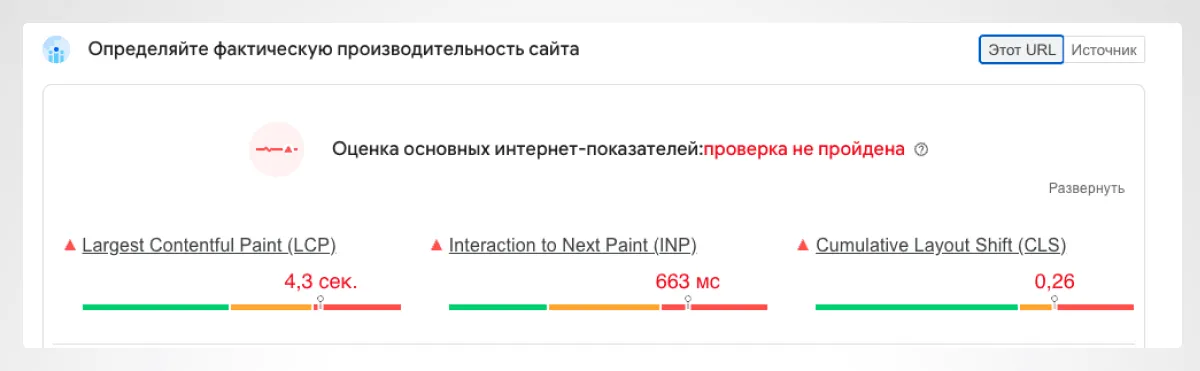 Core Web Vitals в PageSpeed Insights: LCP, INP и CLS показывают, насколько быстро загружается сайт